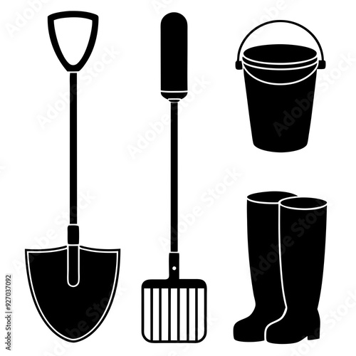 A set of gardening items gloves boot shovel on white background silhouette vector illustration