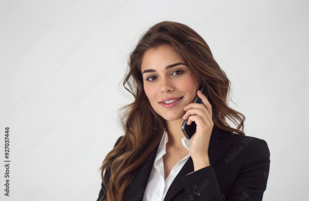 A young businesswoman is talking on her phone. She is wearing a black blazer and has long brown hair. She is smiling and looks happy. She is standing against a white background. A young businesswoman is talking on her phone. She is wearing a black blazer and has long brown hair. She is smiling and looks happy. She is standing against a white background.