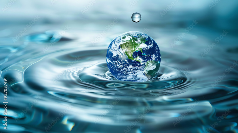 blue and green globe floating on water, with ripples around it blue and green globe floating on water, with ripples around it