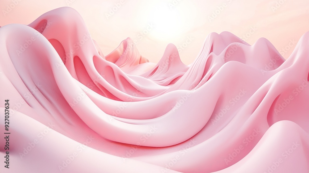 Naklejka premium Soft pink surreal landscape with abstract organic forms that blend seamlessly into the background, creating a serene and imaginative scene.
