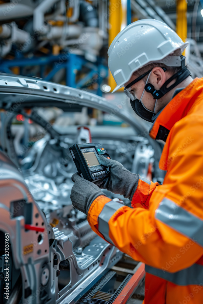 Engineer Using Thermal Imaging Device on High-Tech Car Assembly Line for Vehicle Inspection Engineer Using Thermal Imaging Device on High-Tech Car Assembly Line for Vehicle Inspection