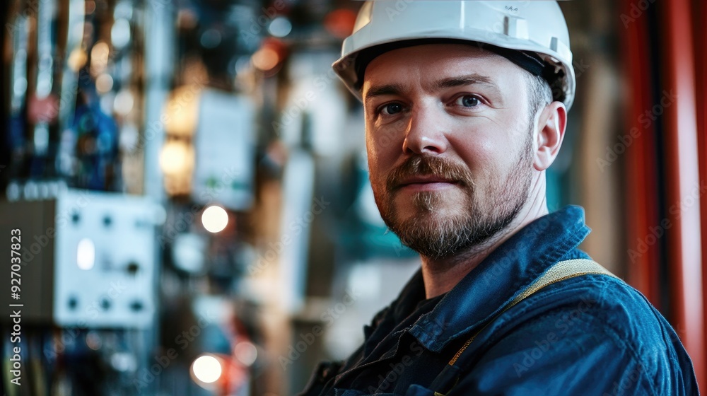 Electrician portrait with blurred electrical equipment in the background, emphasizing the critical work of electrical maintenance Electrician portrait with blurred electrical equipment in the background, emphasizing the critical work of electrical maintenance