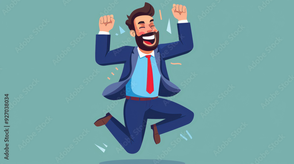 A cartoon illustration of a businessman in a blue suit, red tie, and beard jumping in celebration with his arms raised in the air. A cartoon illustration of a businessman in a blue suit, red tie, and beard jumping in celebration with his arms raised in the air.