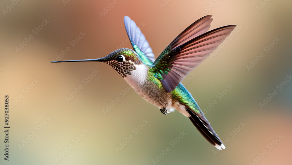 Naklejka premium A vibrant iridescent hummingbird in midflight ai generative