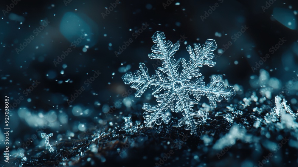 Close-up of a beautiful snowflake resting on a dark surface, showcasing intricate patterns and delicate crystalline structure. Close-up of a beautiful snowflake resting on a dark surface, showcasing intricate patterns and delicate crystalline structure.