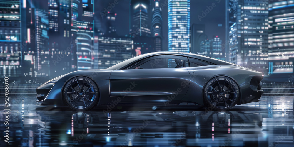 Futuristic Electric Sports Car Side Profile in Reflective Silver Finish Against Modern Cityscape Futuristic Electric Sports Car Side Profile in Reflective Silver Finish Against Modern Cityscape
