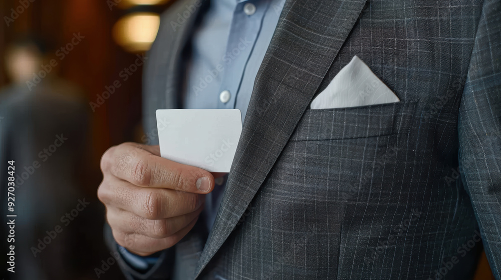 A close-up of a man in a suit holding a blank white card. A close-up of a man in a suit holding a blank white card.