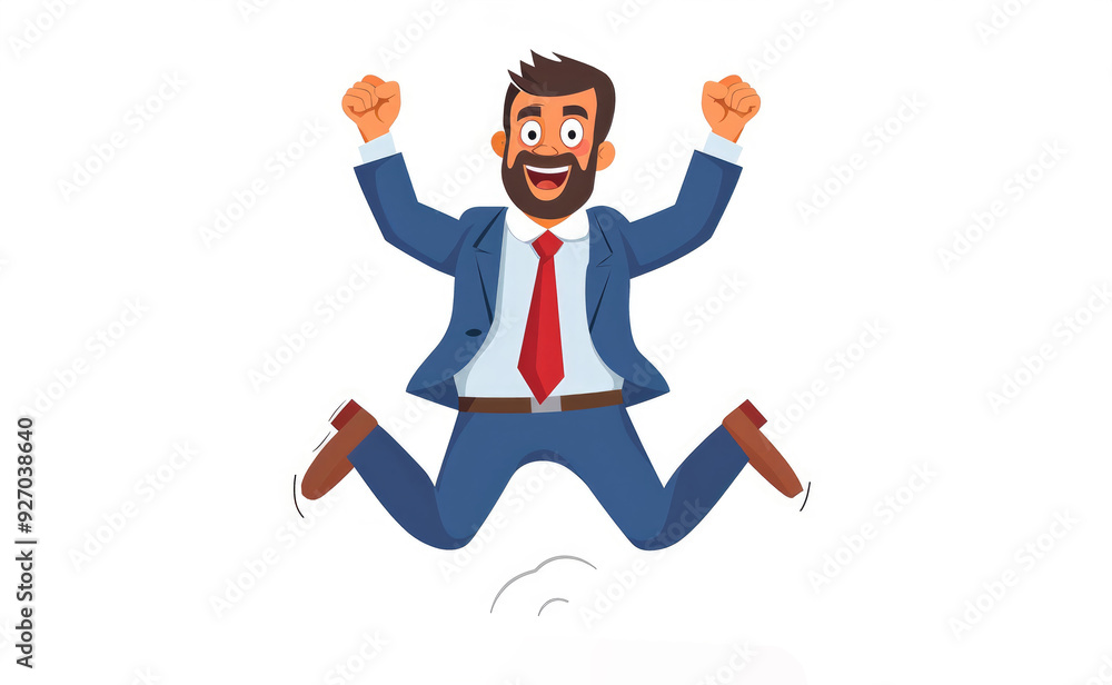 A cartoon illustration of a businessman in a blue suit and red tie jumping in the air with his arms raised in celebration. He has a big smile on his face and looks extremely happy. A cartoon illustration of a businessman in a blue suit and red tie jumping in the air with his arms raised in celebration. He has a big smile on his face and looks extremely happy.
