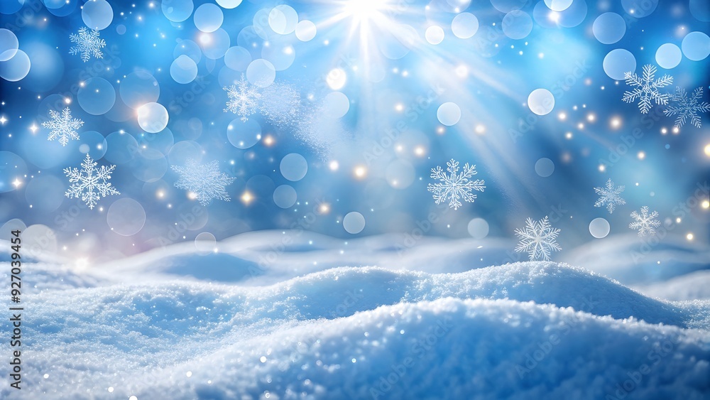 Happy snowman standing in christmas landscape. Snow background. Winter snow background with snowdrifts, with beautiful light and snowflakes on the blue sky, beautiful bokeh circles, banner format. Happy snowman standing in christmas landscape. Snow background. Winter snow background with snowdrifts, with beautiful light and snowflakes on the blue sky, beautiful bokeh circles, banner format.