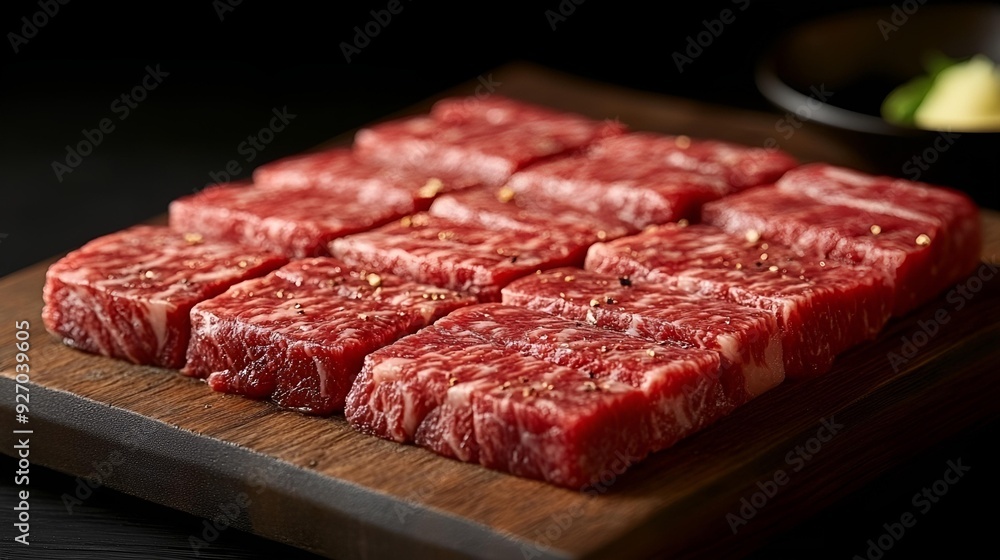 Fototapeta premium Raw marbled beef steaks, ready for grilling, a protein-packed ingredient for a gourmet meal