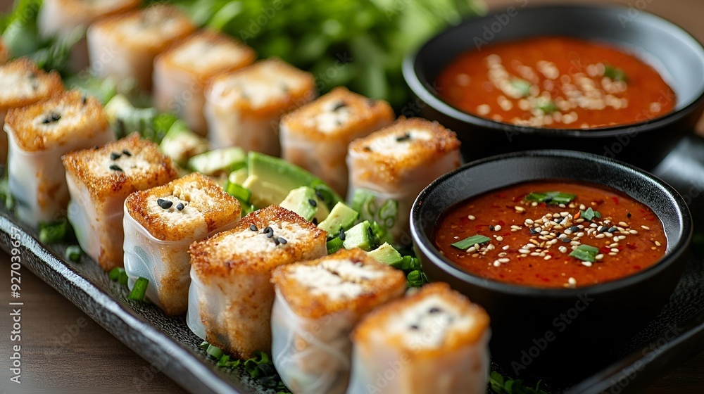 Delicate salmon sushi artfully arranged on white plate, a gourmet seafood feast Delicate salmon sushi artfully arranged on white plate, a gourmet seafood feast
