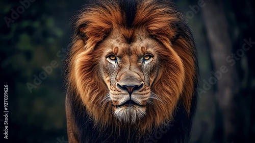 Close-up portrait of a majestic lion with a thick mane, looking directly at the camera.