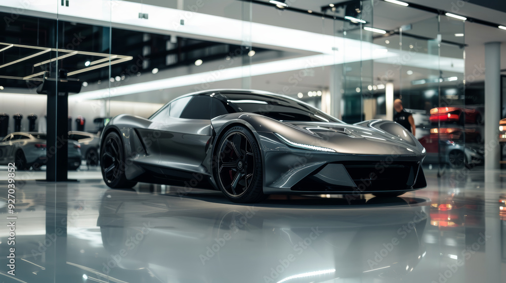 Obraz premium Sleek Electric Sports Car with Metallic Silver Finish Displayed in Modern Car Dealership