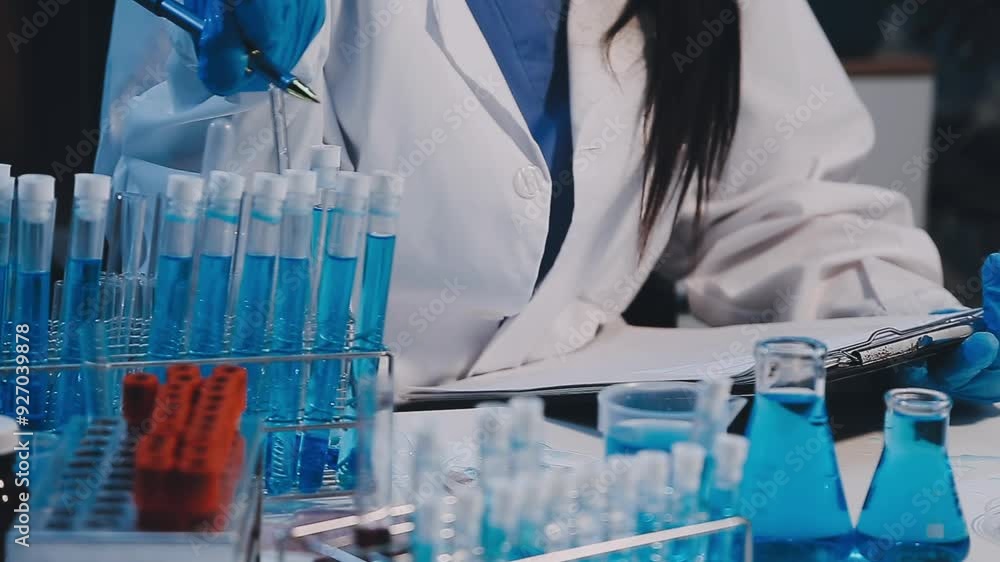Medical or scientific researcher or man doctor looking at a test tube of clear solution in a laboratory Medical or scientific researcher or man doctor looking at a test tube of clear solution in a laboratory
