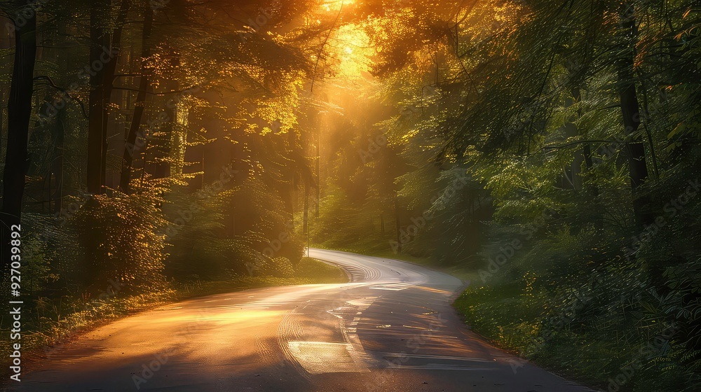 A winding road through a sunlit forest with a misty atmosphere, creating a sense of mystery and peacefulness. A winding road through a sunlit forest with a misty atmosphere, creating a sense of mystery and peacefulness.