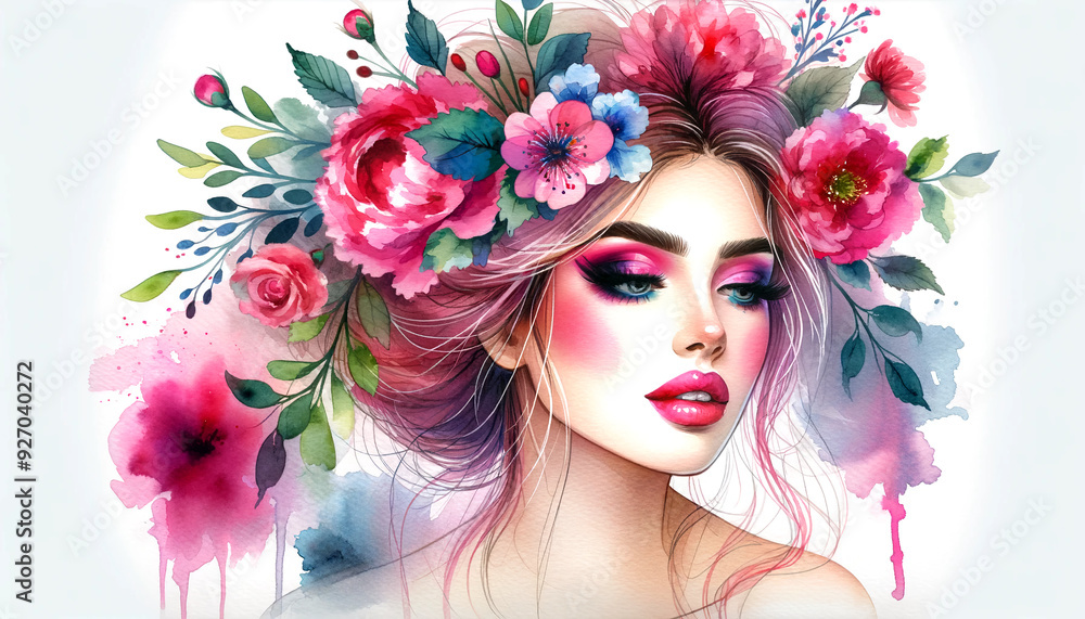 Naklejka premium A watercolor image of a woman with vibrant makeup and a romantic floral arrangement in her hair. Hairstyle with flowers. Beautiful lady with blooming flowers on her head. Nature hairstyle. Design. 