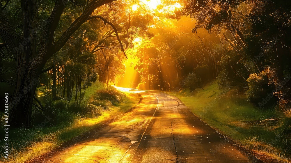 Fototapeta premium A winding road through a forest, bathed in golden sunlight. The sun's rays stream through the trees, illuminating the path ahead.