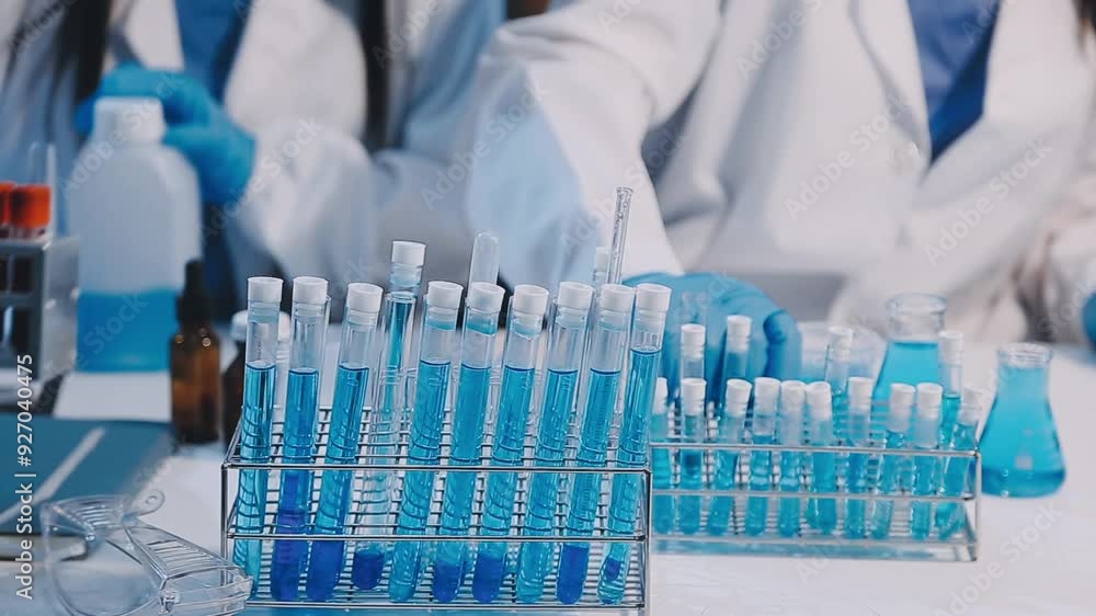 Medical or scientific researcher or man doctor looking at a test tube of clear solution in a laboratory Medical or scientific researcher or man doctor looking at a test tube of clear solution in a laboratory