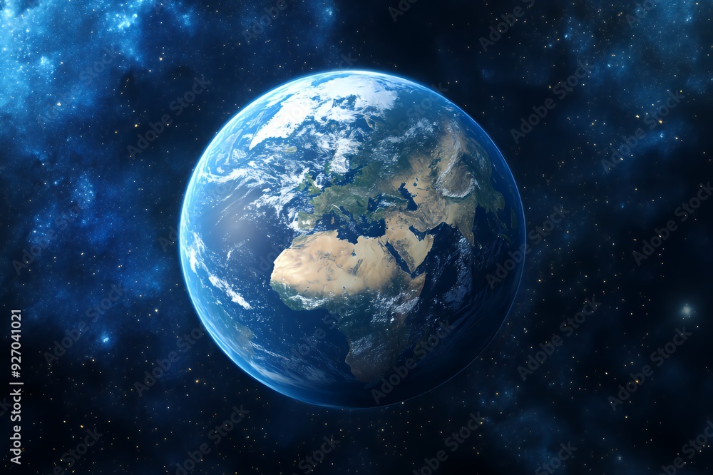 Obraz premium A realistic depiction of planet Earth against a starry space background, featuring a close-up view of Europe, Africa, and the Middle East.