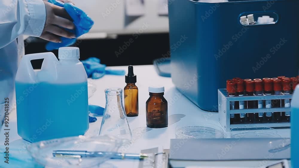 Medical or scientific researcher or man doctor looking at a test tube of clear solution in a laboratory Medical or scientific researcher or man doctor looking at a test tube of clear solution in a laboratory