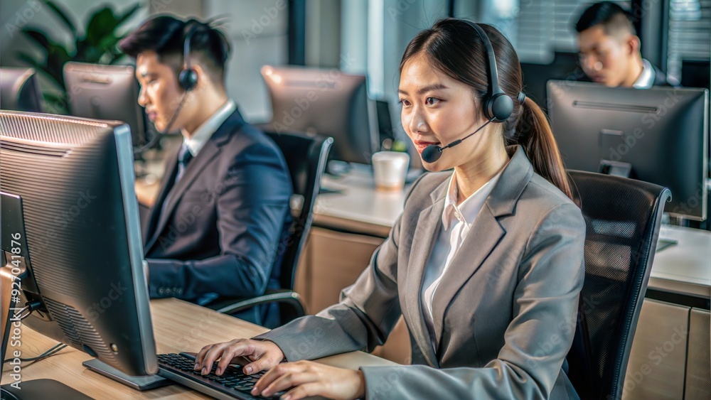 asian young woman call center working asian young woman call center working