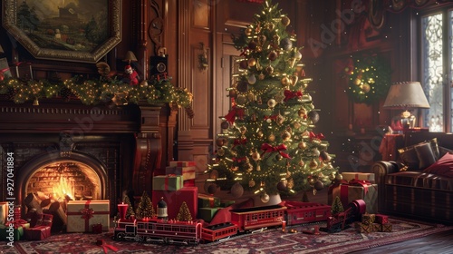 Festive Christmas Tree with Handmade Ornaments, Train Set, and Glowing Fireplace for Holiday Decor