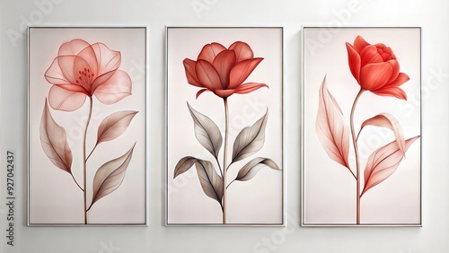 set of three vertical poster , minimalist  floral smoky art