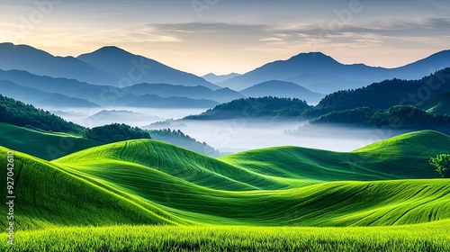 Serene landscape featuring rolling green hills and misty mountains under a soft sky, perfect for nature and relaxation themes.