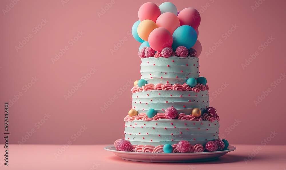 A multi-layered cake with pink frosting and colorful balloons on top A multi-layered cake with pink frosting and colorful balloons on top