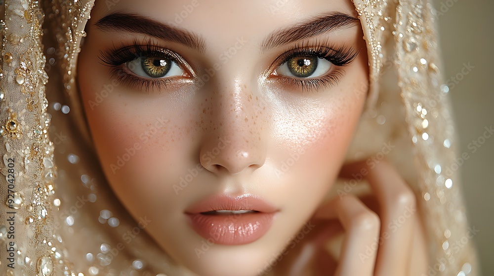 Close up portrait of a woman's face with delicate makeup and freckles. Close up portrait of a woman's face with delicate makeup and freckles.