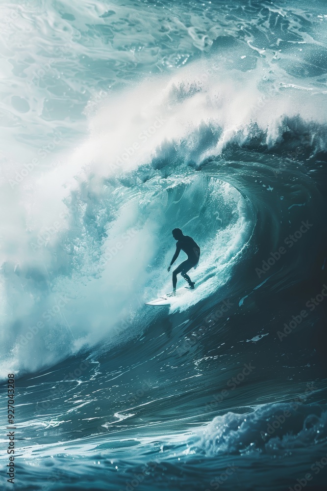 Dynamic Ocean Adventure: Surfer Riding a Massive Wave in Sunlit Waters - Perfect for Posters and Print Designs Dynamic Ocean Adventure: Surfer Riding a Massive Wave in Sunlit Waters - Perfect for Posters and Print Designs