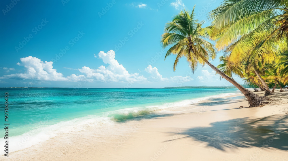 A peaceful beach with palm trees swaying in the breeze and turquoise water A peaceful beach with palm trees swaying in the breeze and turquoise water