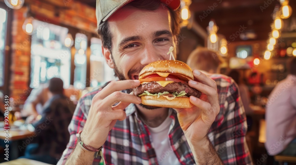Young man enjoying in eating hamburger in pub. Young man enjoying in eating hamburger in pub.