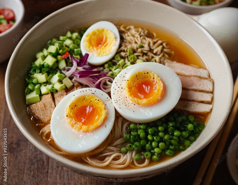 Steaming Bowl of Ramen with Soft-Boiled Egg and Toppings. Ai generated image.
