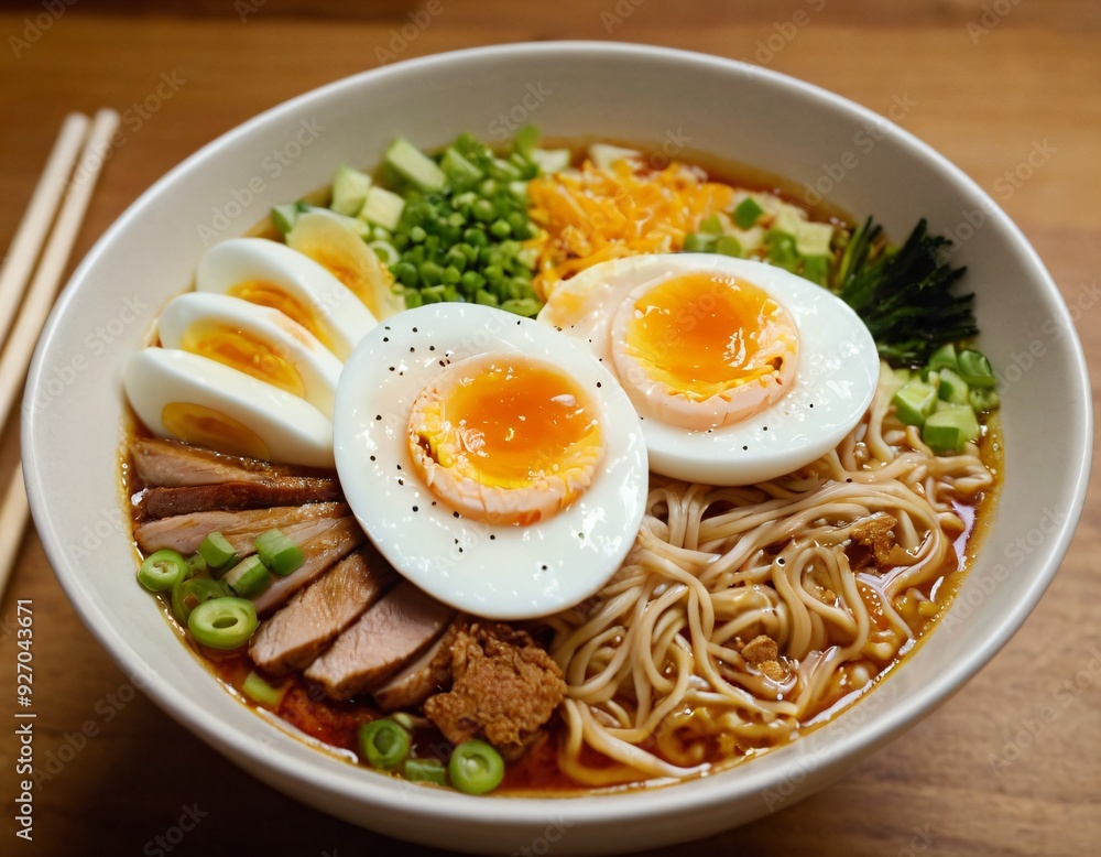 Steaming Bowl of Ramen with Soft-Boiled Egg and Toppings. Ai generated image.
Steaming Bowl of Ramen with Soft-Boiled Egg and Toppings. Ai generated image.