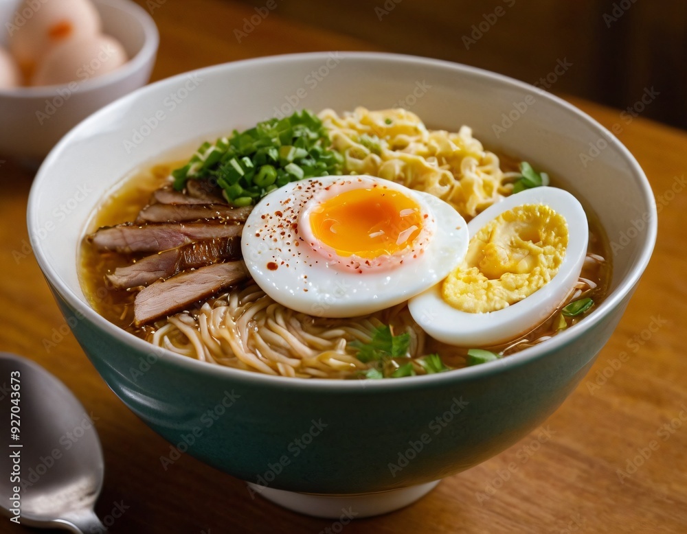 Steaming Bowl of Ramen with Soft-Boiled Egg and Toppings. Ai generated image.
Steaming Bowl of Ramen with Soft-Boiled Egg and Toppings. Ai generated image.