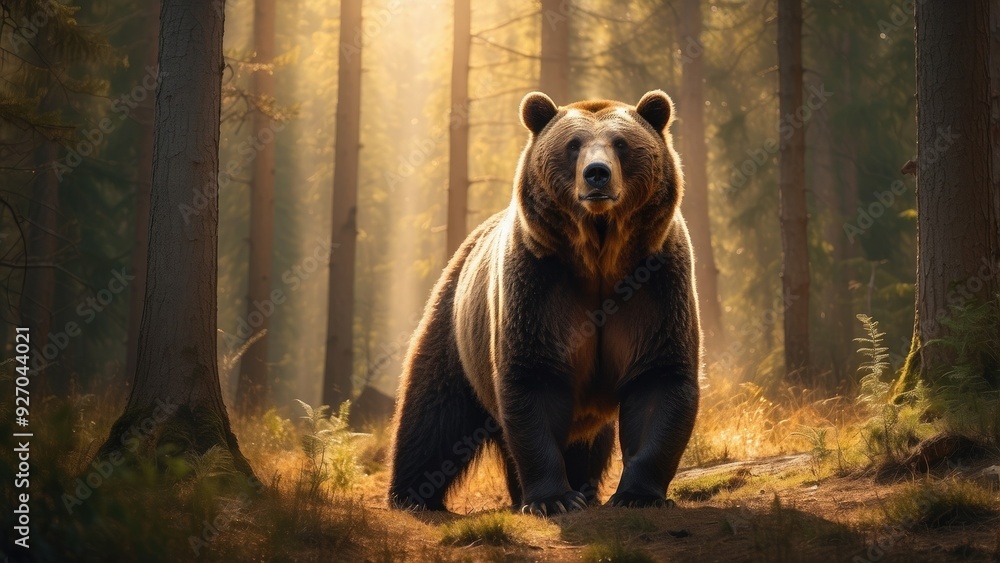 Majestic bear standing on its hind legs, roaring in a dense forest, sunlight filtering Majestic bear standing on its hind legs, roaring in a dense forest, sunlight filtering