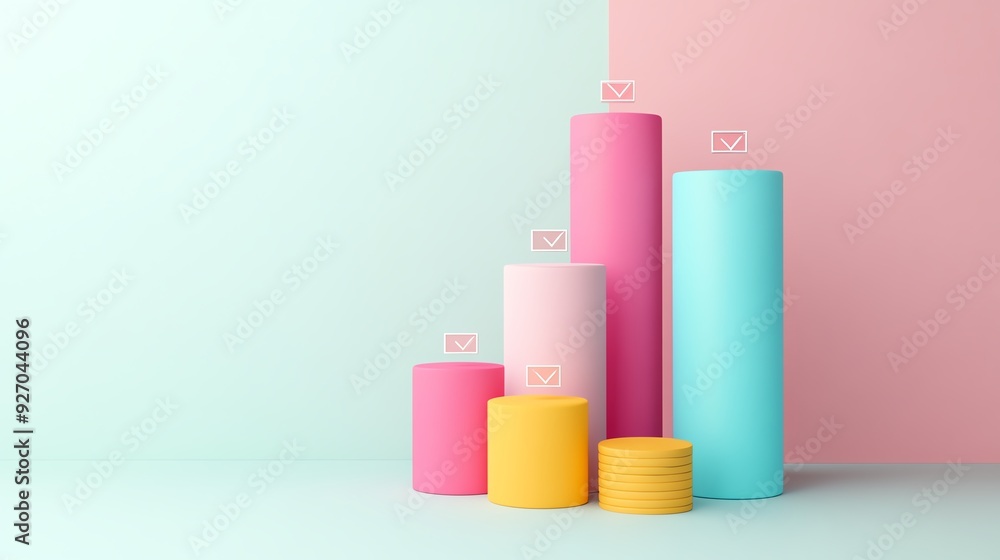 Colorful cylindrical graphs representing data levels in a playful, modern design. Ideal for business and educational visuals. Colorful cylindrical graphs representing data levels in a playful, modern design. Ideal for business and educational visuals.