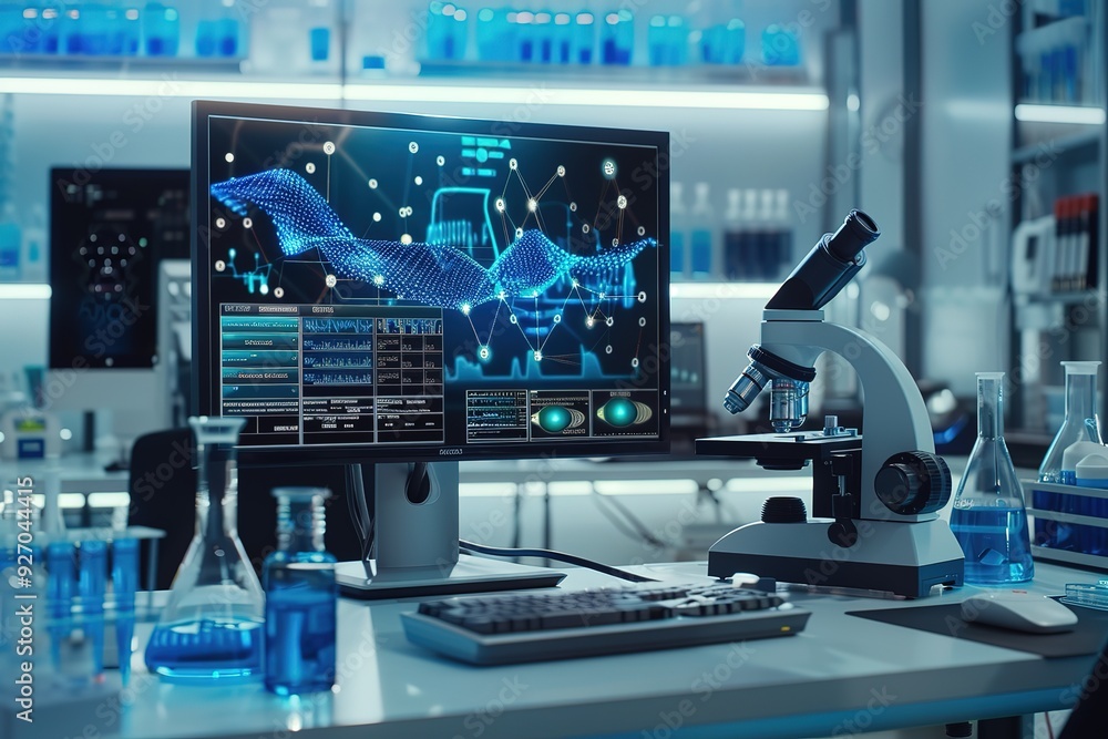 A computer monitor displays a complex graph on a desk in a laboratory A computer monitor displays a complex graph on a desk in a laboratory