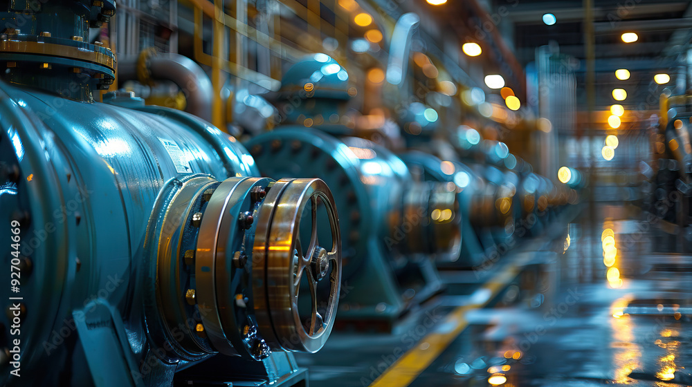 Fototapeta premium Industrial machinery with gears and pipes in a factory setting