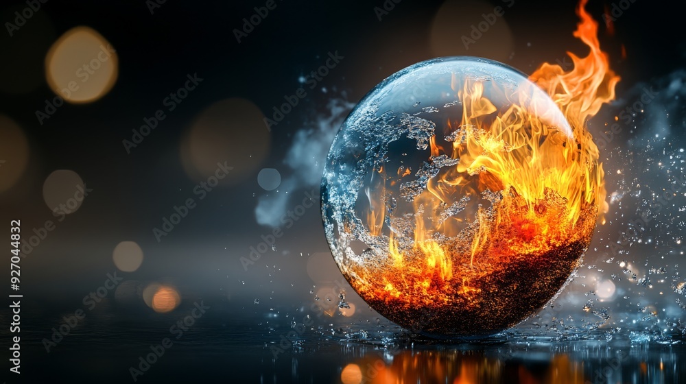Globe with contrasting fire, water, air, and soil textures Globe with contrasting fire, water, air, and soil textures