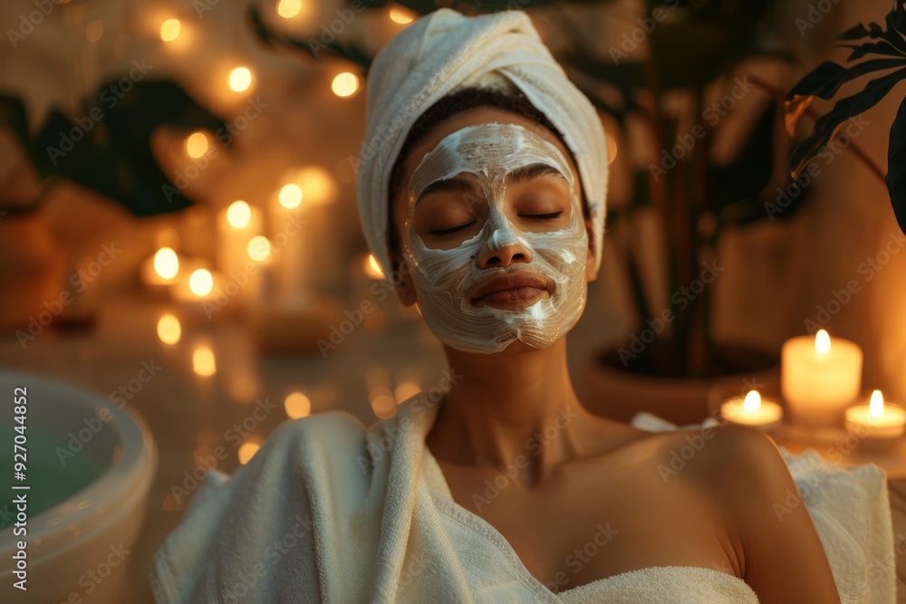 Housewife Enjoying Relaxing Facial Mask in Candlelit Spa-Like Bathroom for Serene Pampering Moments Housewife Enjoying Relaxing Facial Mask in Candlelit Spa-Like Bathroom for Serene Pampering Moments