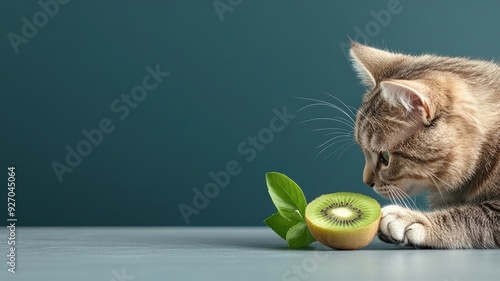 Cat touching kiwi slice with paw, minimalist composition. photo