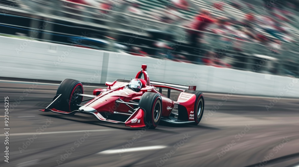 Obraz premium Professional Racecar Driver on Speeding Racing Car with Pit Crews and Blurred Spectators