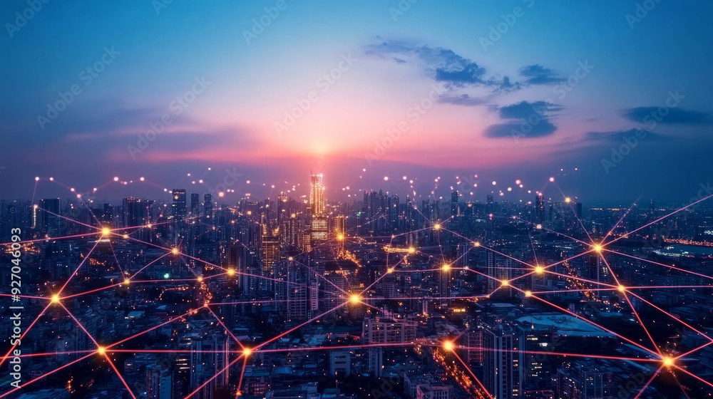 Naklejka premium A futuristic digital city powered by blockchain technology with interconnected nodes