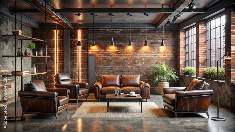 Moody atmospheric retreat dimly lit LED strips exposed brick walls industrial metal beams concrete floors distressed leather armchairs Moody atmospheric retreat dimly lit LED strips exposed brick walls industrial metal beams concrete floors distressed leather armchairs