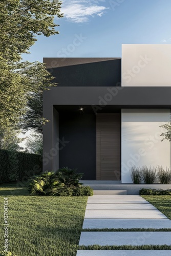 Design a modern house facade with a sharp contrast between grey and white