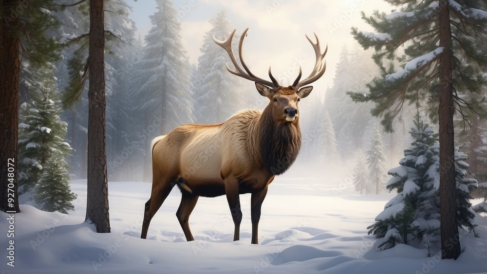 Majestic elk standing in a snow-covered forest, breath visible in cold air, towering pine Majestic elk standing in a snow-covered forest, breath visible in cold air, towering pine