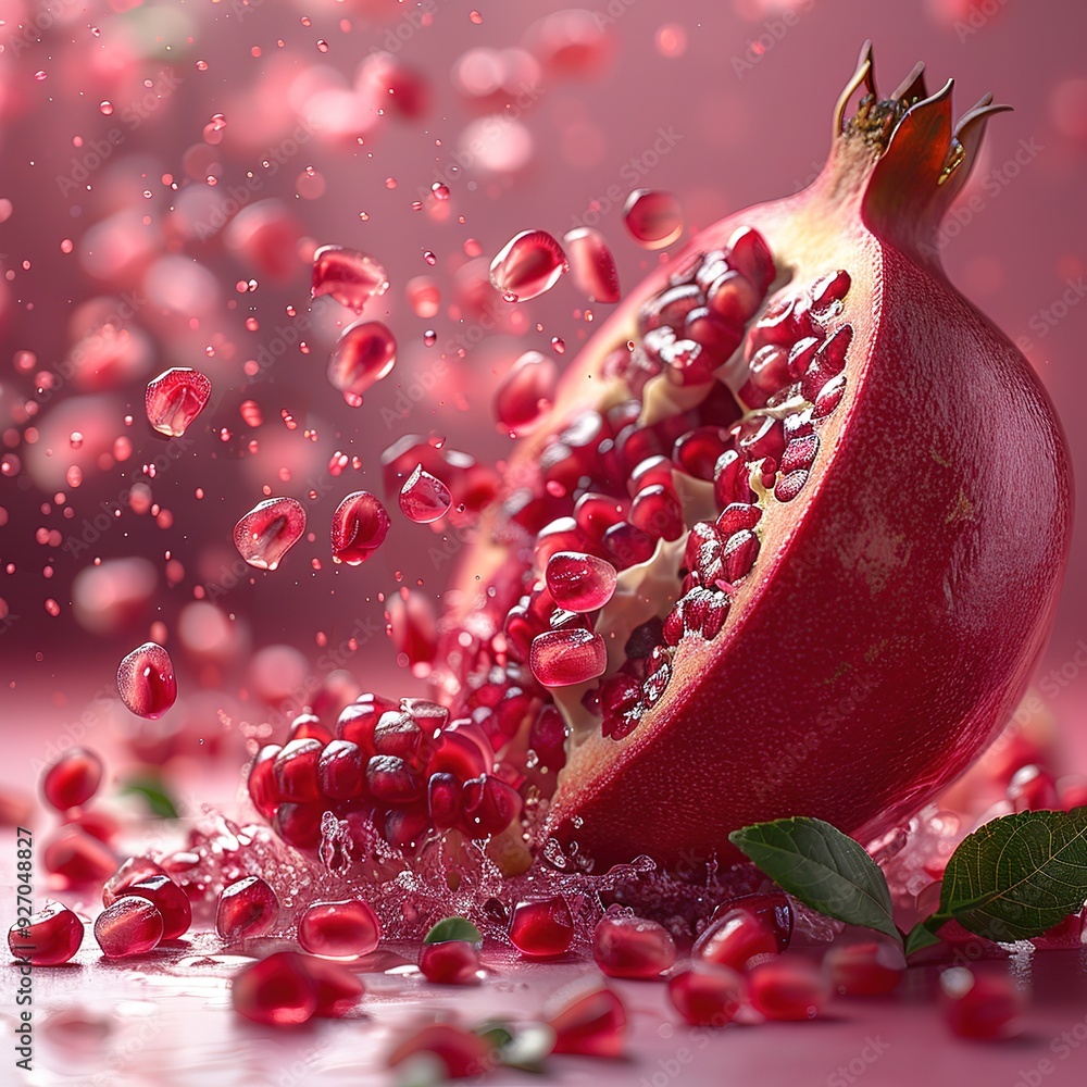 A close up of a red pomegranate with a few seeds falling out of it A close up of a red pomegranate with a few seeds falling out of it