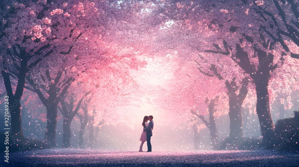 3. Two people embracing under a canopy of cherry blossom trees in full bloom, with petals gently falling around them 3. Two people embracing under a canopy of cherry blossom trees in full bloom, with petals gently falling around them